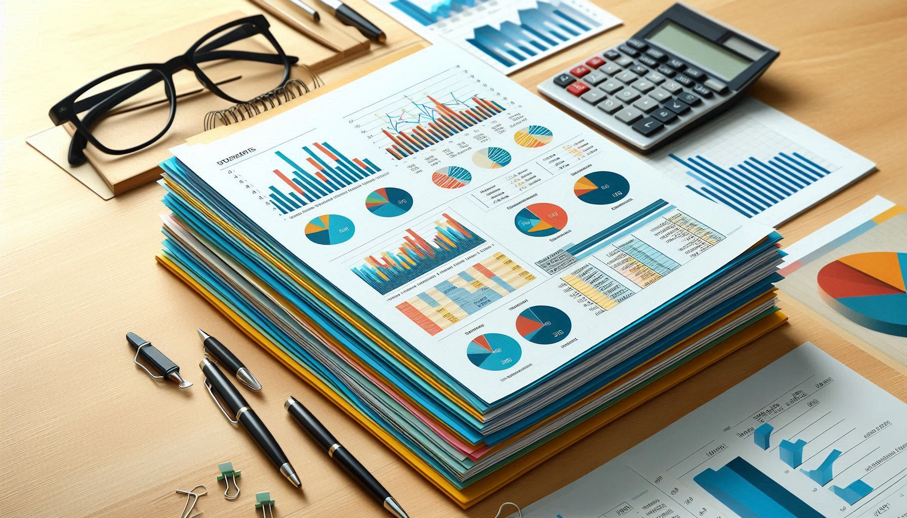 A stack of colorful documents filled with charts and graphs sits on a desk, embodying the art of data visualization. Nearby, pens, glasses, a calculator, and paper clips add to this tableau of creativity and precision. Pie charts and bar graphs reflect a harmony of arts and culture in numbers.