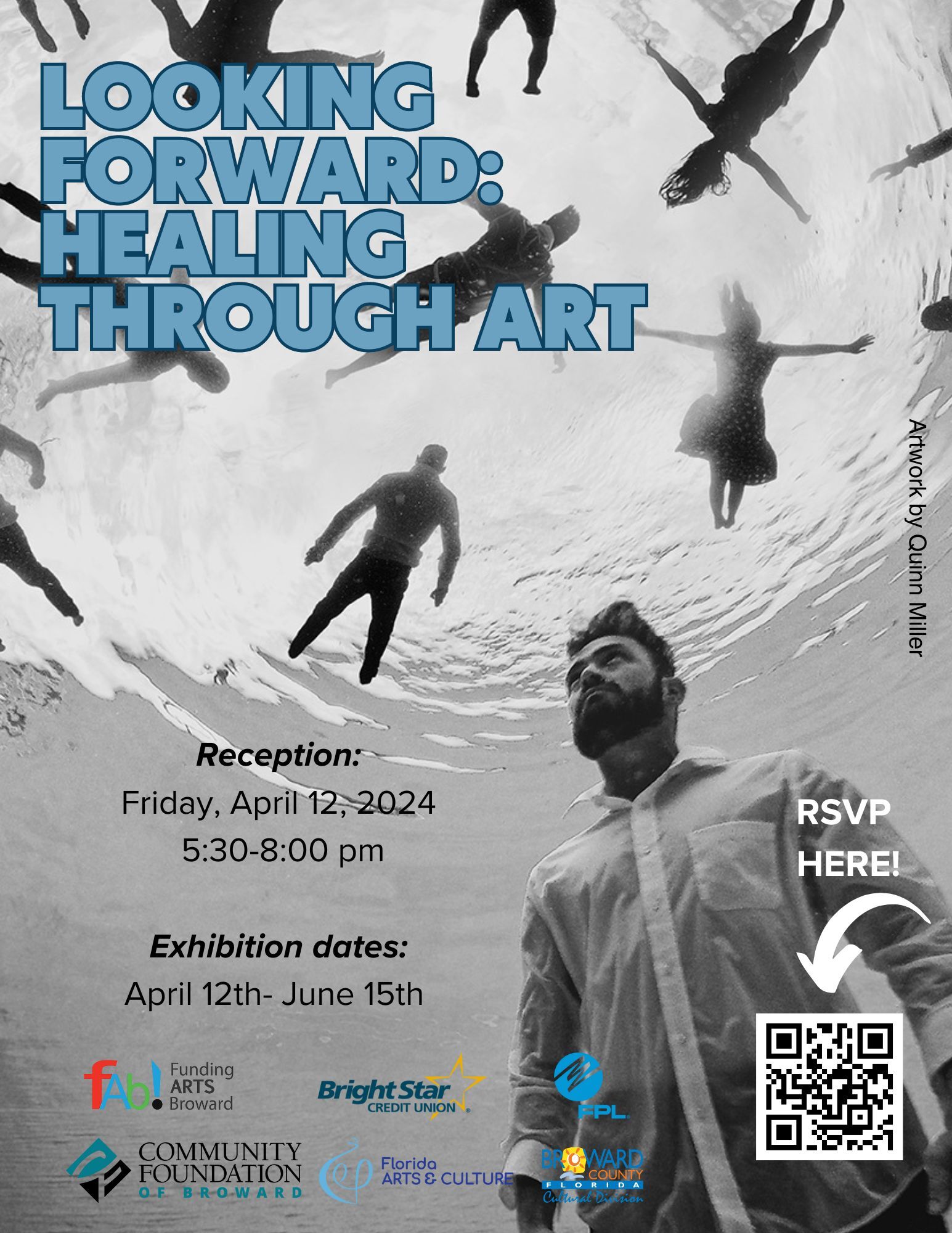 A man underwater gazes up at silhouetted figures swimming above. Text reads: Looking Forward: Healing Through Art, Embracing Arts and Culture. Reception on April 12, 2024, 5:30-8:00 pm. Exhibition dates: April 12th-June 15th. Logos and a QR code are at the bottom.